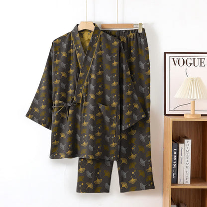 Ensemble de vêtements d'intérieur kimono en coton biologique Ginkgo - Gris et jaune - XL - image 9