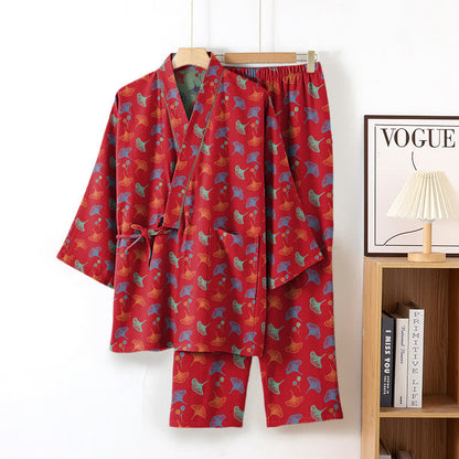 Ensemble de vêtements d'intérieur kimono en coton biologique Ginkgo - Rouge et vert - XL - image 15