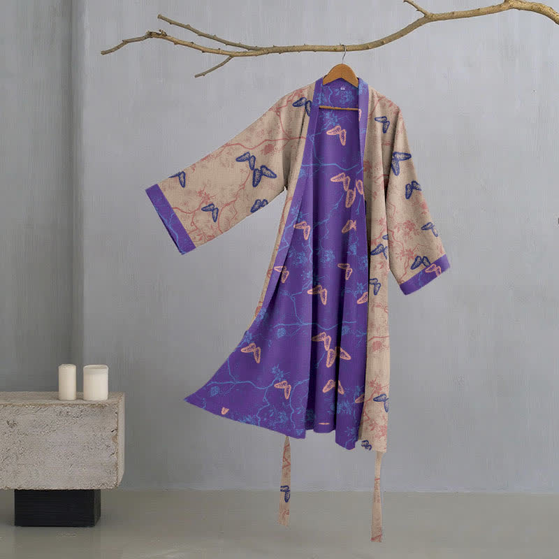 Peignoir kimono en gaze de coton à motif papillon - Brun - XL - image 11