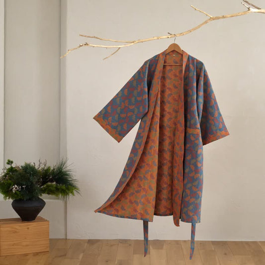 Peignoir japonais en gaze de coton avec Ginkgo Biloba - Bleu - L - image 0
