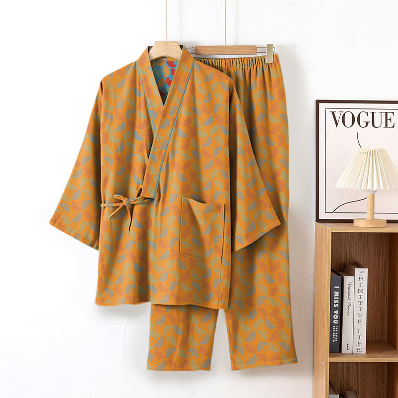 Ensemble de vêtements d'intérieur kimono en coton à motif de feuilles de ginkgo - Orange - XL - image 8