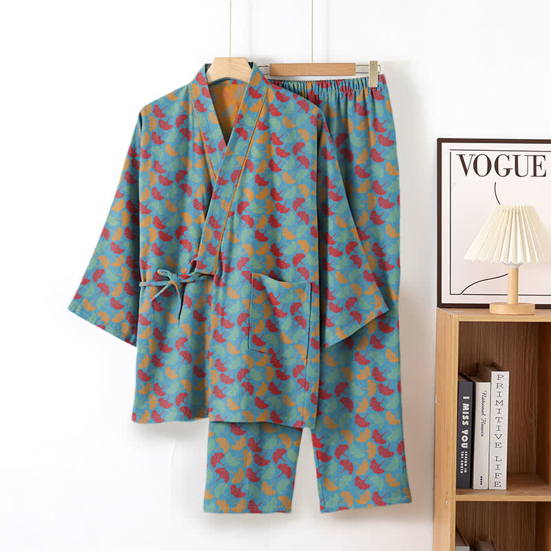 Ensemble de vêtements d'intérieur kimono en coton à motif de feuilles de ginkgo - Bleu - XL - image 2