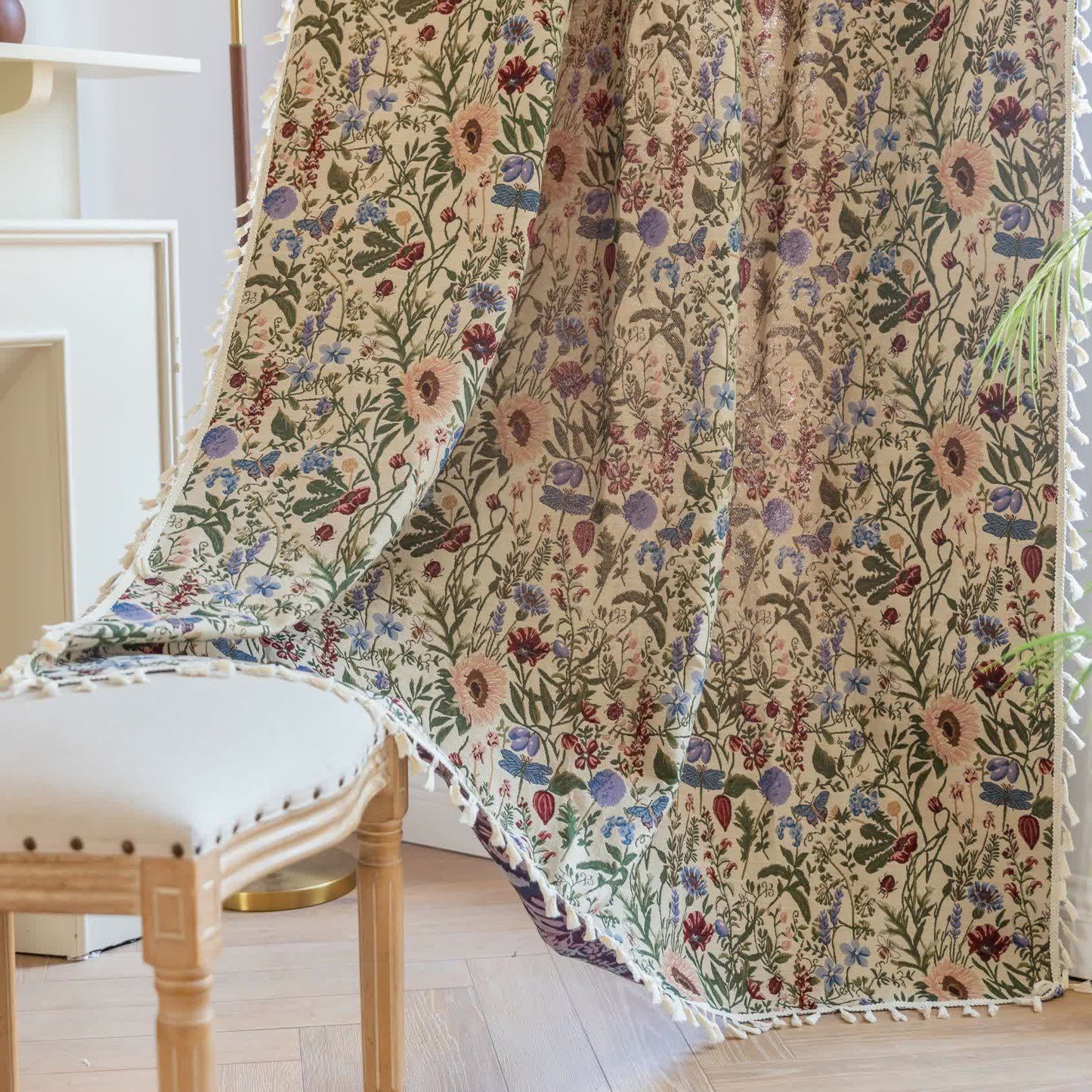 Rideau pittoresque à pompons et motif floral effet dahlia - passe-tringle - 150cm x 260cm - image 1
