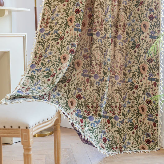 Rideau pittoresque à pompons et motif floral effet dahlia - passe-tringle - 150cm x 260cm - image 1