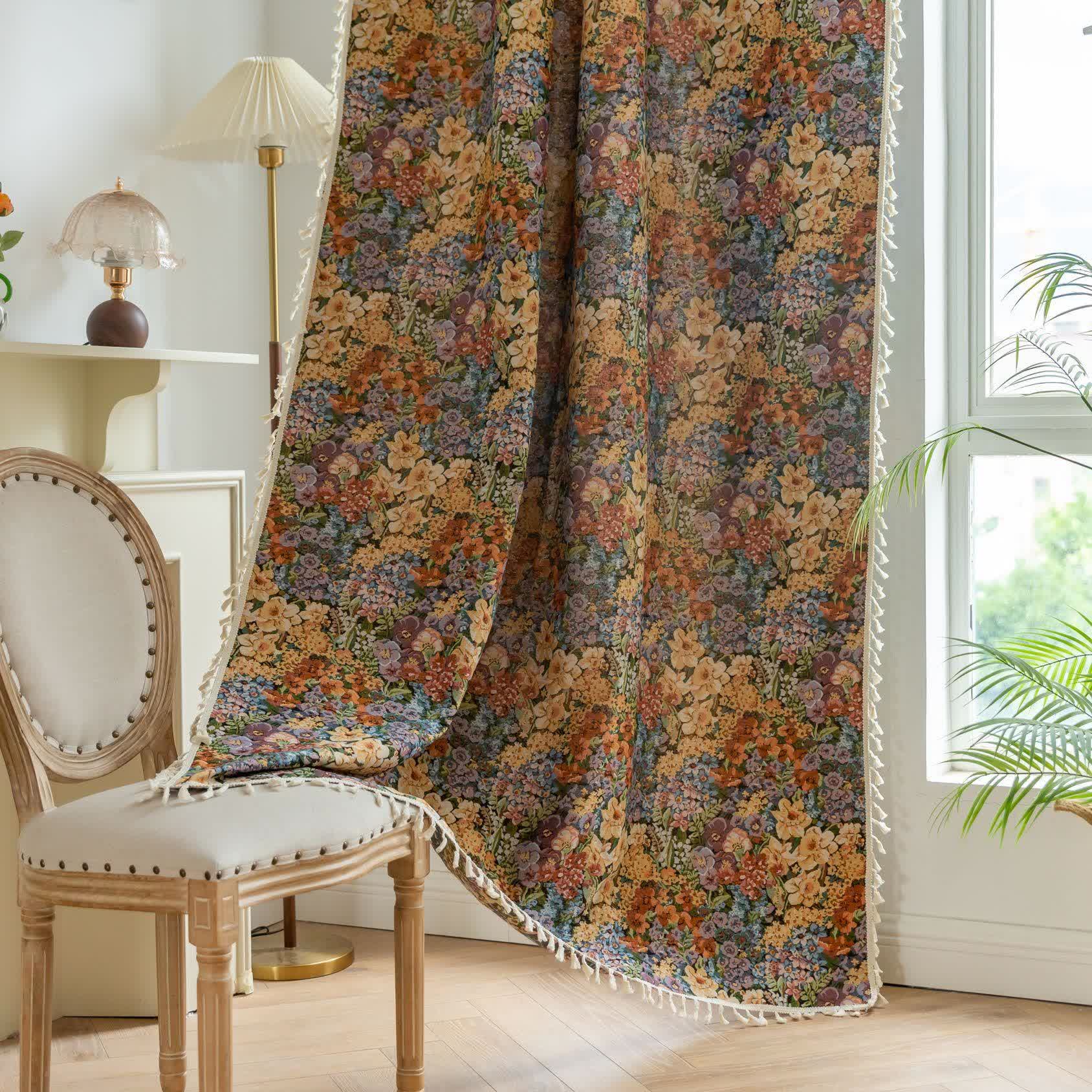 Rideau à pompons luxueux avec fleurs épanouies - passe-tringle - 150cm x 260cm - image 1