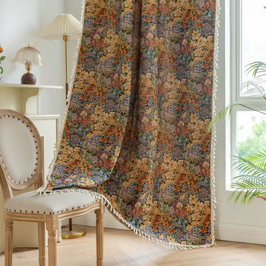 Rideau à pompons luxueux avec fleurs épanouies - passe-tringle - 150cm x 260cm - image 1