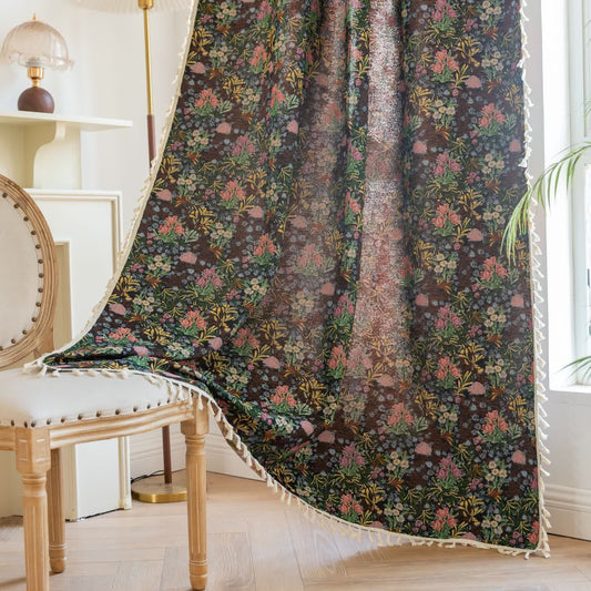 Rideau à pompons à motif floral rétro - passe-tringle - 150cm x 260cm - image 1