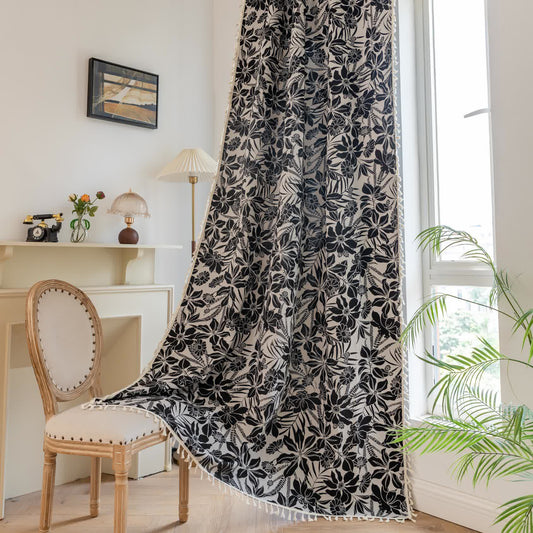Rideau vintage noir avec pompon fleuri - passe-tringle - 150cm x 260cm - image 1
