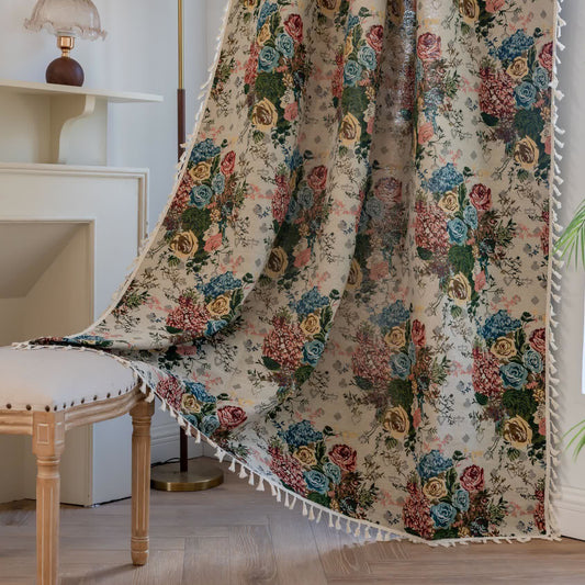 Rideau à pompons rétro coloré avec roses - passe-tringle - 150cm x 260cm - image 1