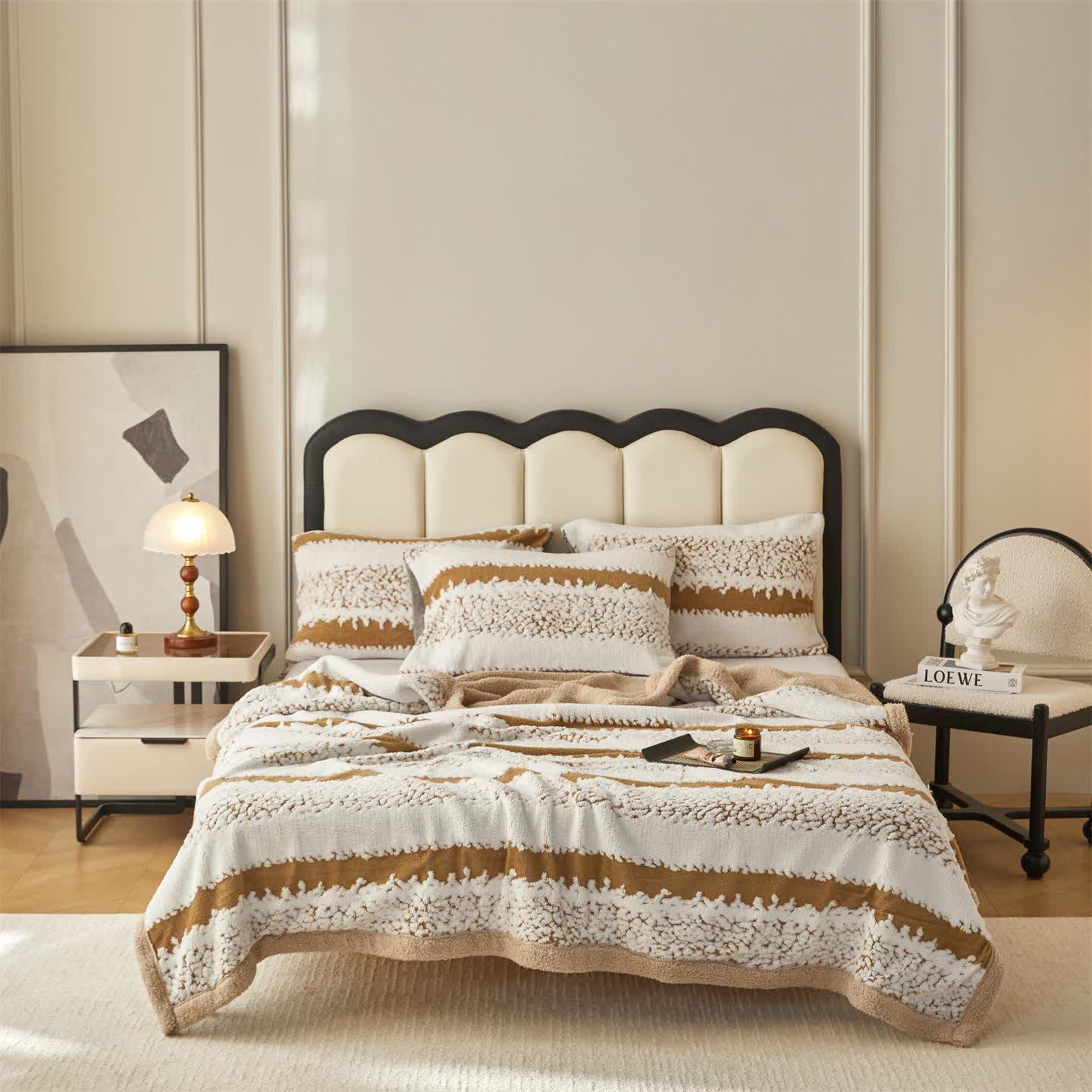 Couverture Sherpa double épaisseur à motif rayé - chameau - 200cm x 230cm - image 13