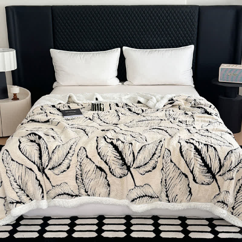 Couverture en peluche jacquard avec de grandes feuilles - Blanc - 200cm x 230cm - image 1