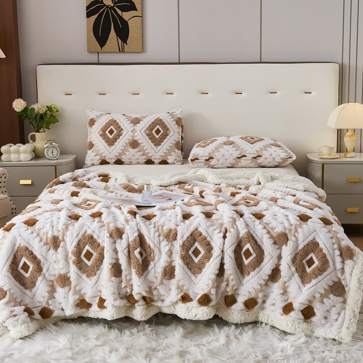 Couverture en jacquard sherpa bohème - Café - 200cm x 230cm - image 1