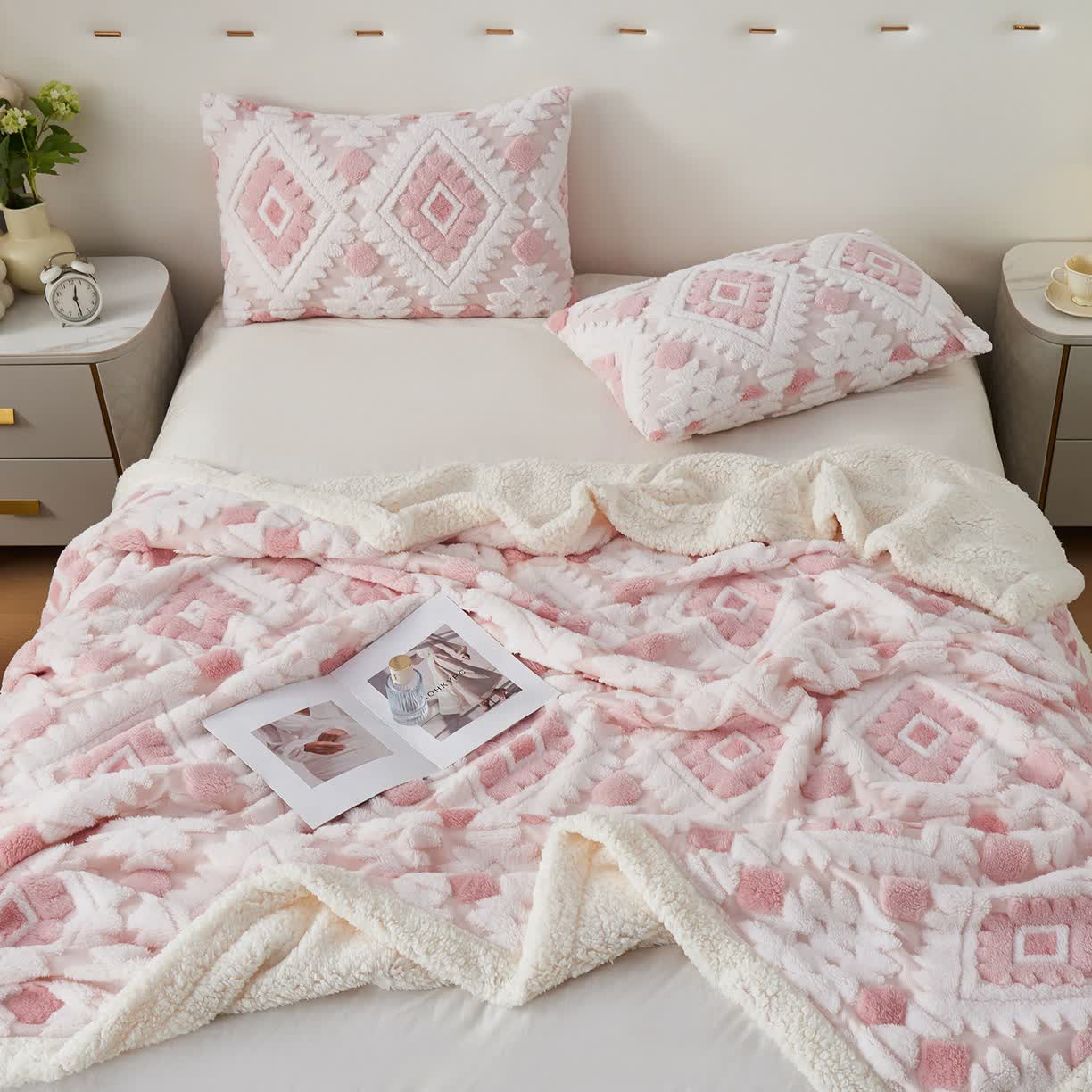 Couverture en jacquard sherpa bohème - Rose - 200cm x 230cm - image 16