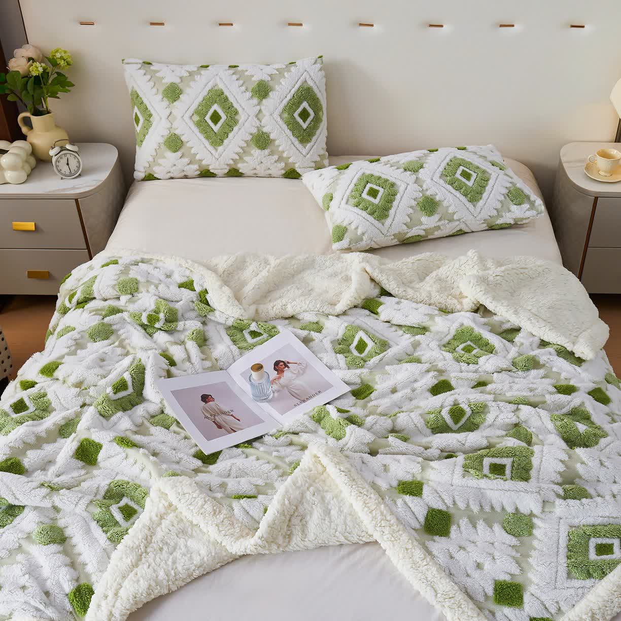 Couverture en jacquard sherpa bohème - Vert clair - 200cm x 230cm - image 15