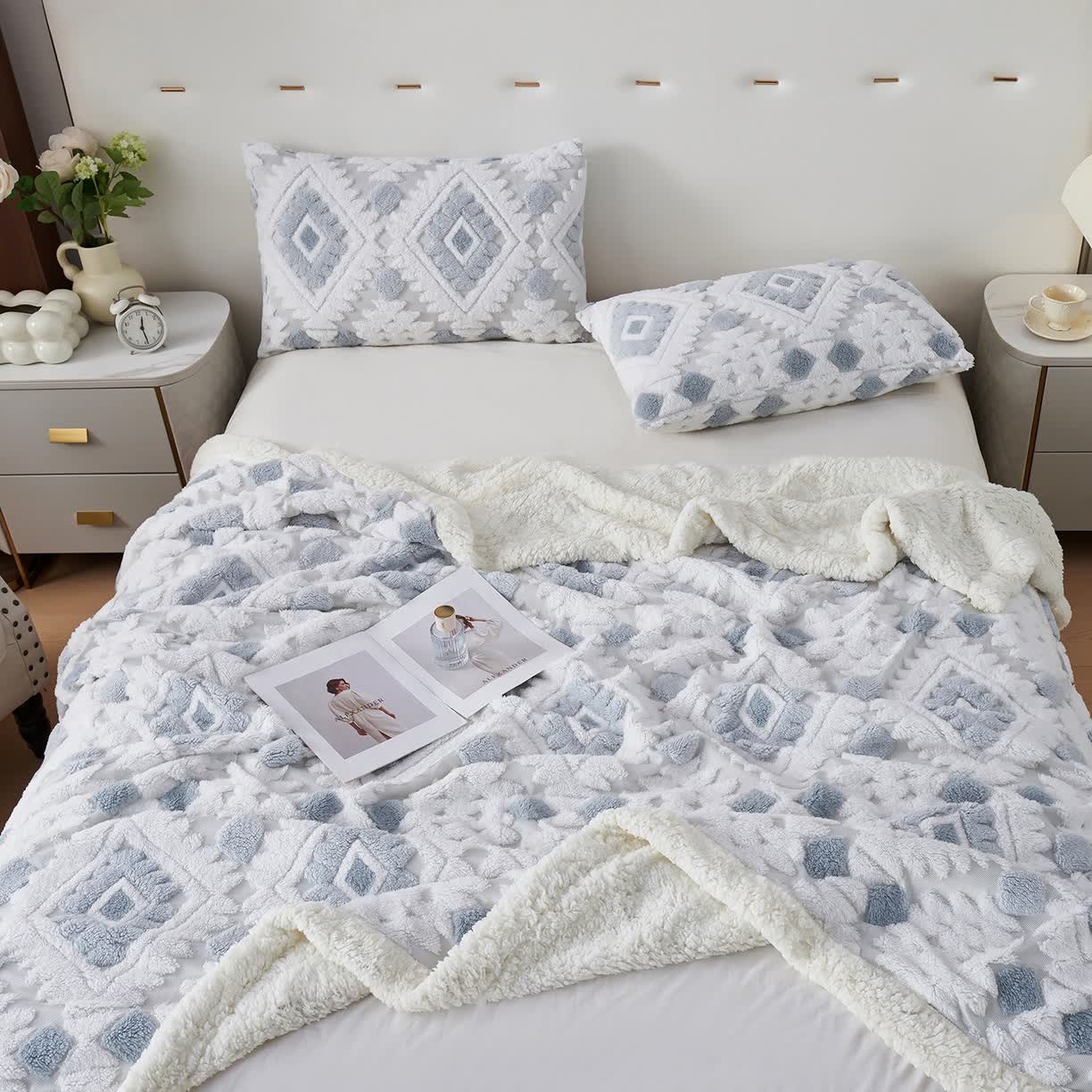 Couverture en jacquard sherpa bohème - Bleu clair - 200cm x 230cm - image 14