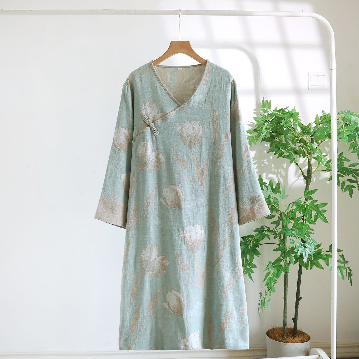 Chemise de nuit tulipe en jacquard de gaze de coton naturel - Vert - XL - image 7