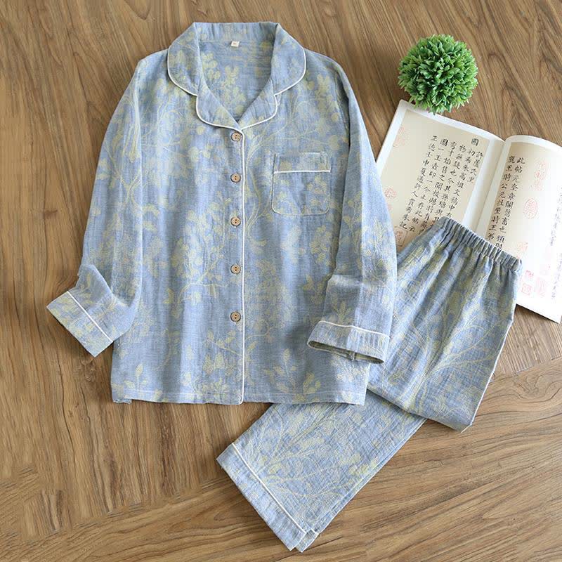 Ensemble de vêtements d'intérieur élégant en coton biologique à motif floral - Bleu - XXL - image 3
