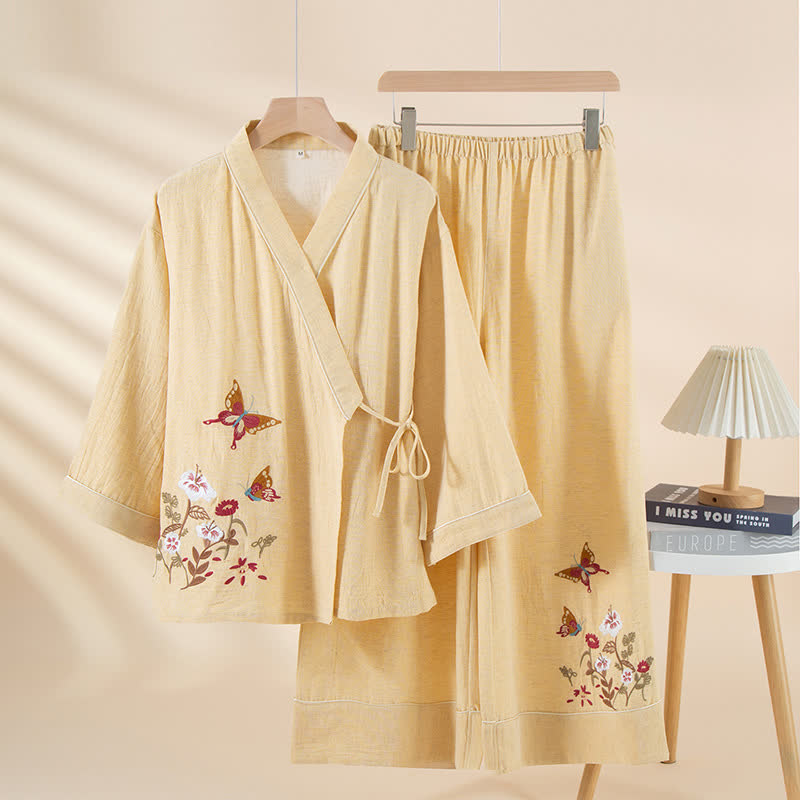 Ensemble de vêtements d'intérieur kimono avec broderies de papillons et de fleurs - Jaune - XL - image 3