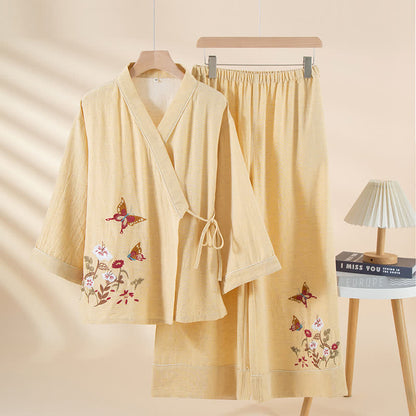 Ensemble de vêtements d'intérieur kimono avec broderies de papillons et de fleurs - Jaune - XL - image 3