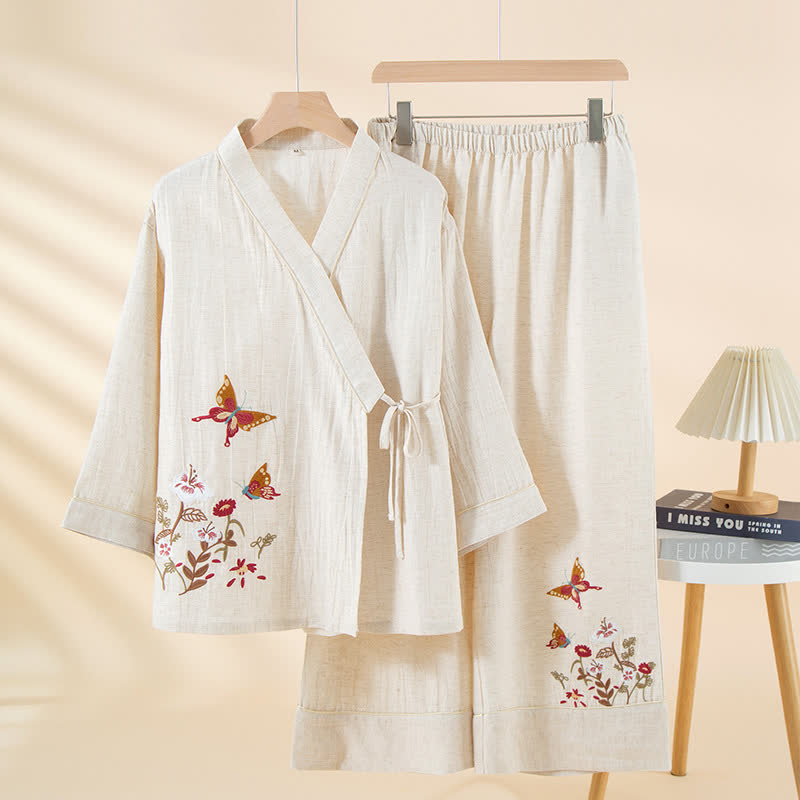Ensemble de vêtements d'intérieur kimono avec broderies de papillons et de fleurs - Blanc - XL - image 4