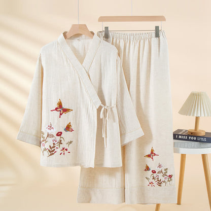 Ensemble de vêtements d'intérieur kimono avec broderies de papillons et de fleurs - Blanc - XL - image 4
