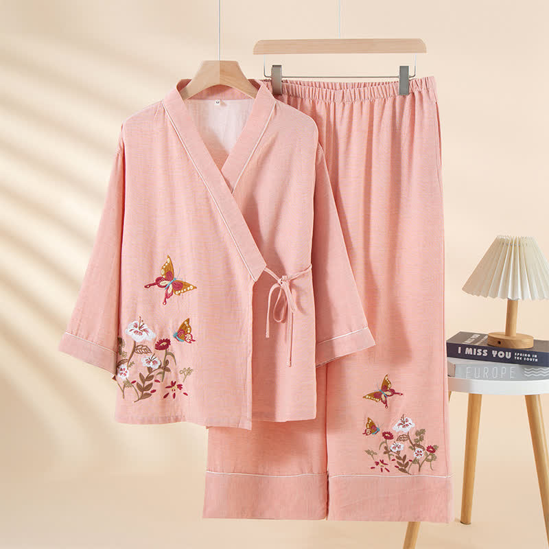 Ensemble de vêtements d'intérieur kimono avec broderies de papillons et de fleurs - Rose - XL - image 2