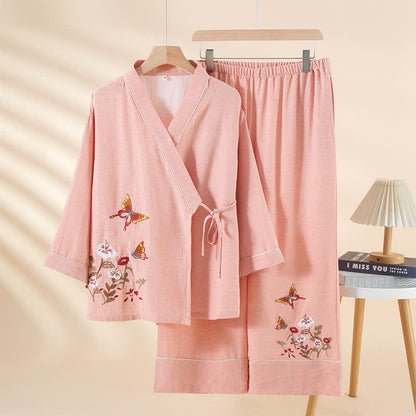 Ensemble de vêtements d'intérieur kimono avec broderies de papillons et de fleurs - Rose - XL - image 2
