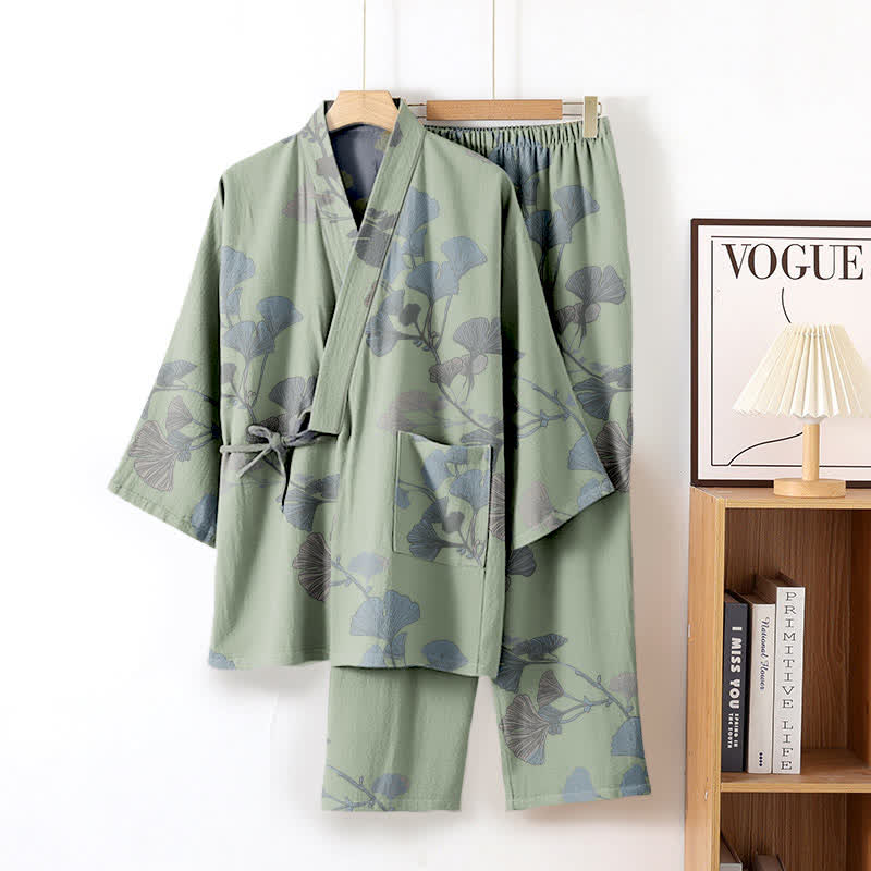 Kimono en coton biologique à motif de feuilles de ginkgo, vêtement d'intérieur - Vert - XL - image 2