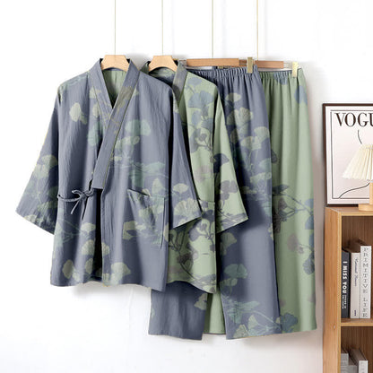 Kimono en coton biologique à motif de feuilles de ginkgo, vêtement d'intérieur - image 1