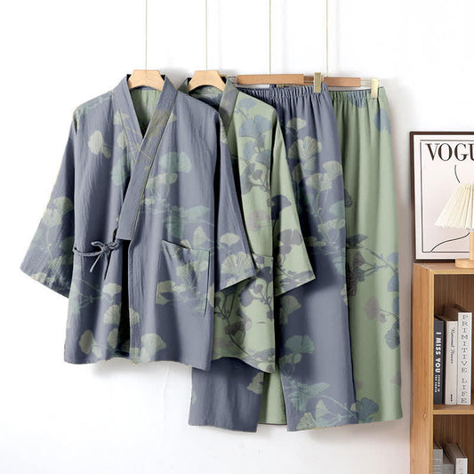 Kimono en coton biologique à motif de feuilles de ginkgo, vêtement d'intérieur - image 1
