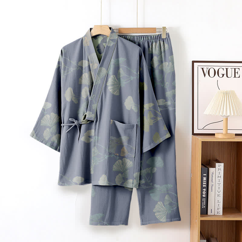 Kimono en coton biologique à motif de feuilles de ginkgo, vêtement d'intérieur - Bleu clair - XL - image 5