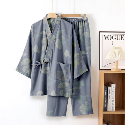 Kimono en coton biologique à motif de feuilles de ginkgo, vêtement d'intérieur - Bleu clair - XL - image 5