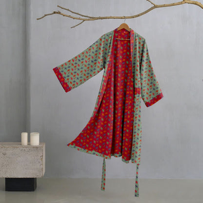 Peignoir kimono bicolore en gaze de coton ginkgo - Vert et rouge - 2XL - image 19