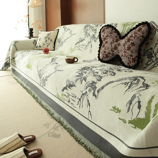 Jeté de canapé en chenille avec motif montagne - Gris - 180cm x 340cm - image 1