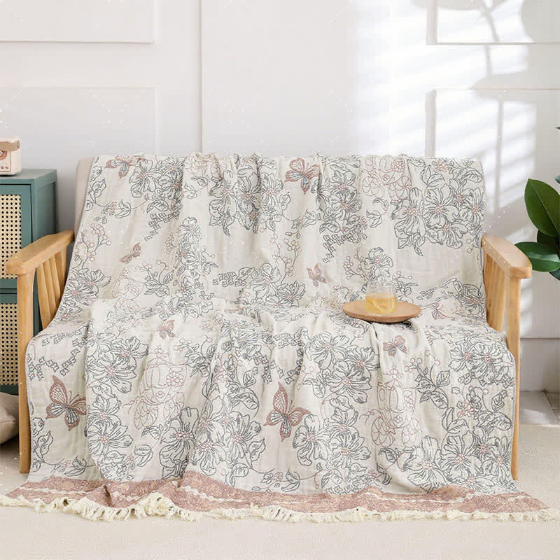 Couette en gaze de coton avec pompons et motif floral pastel - image 6