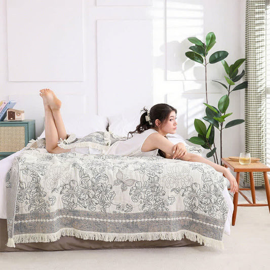 Couette en gaze de coton avec pompons et motif floral pastel - Gris - 200cm x 230cm - image 1