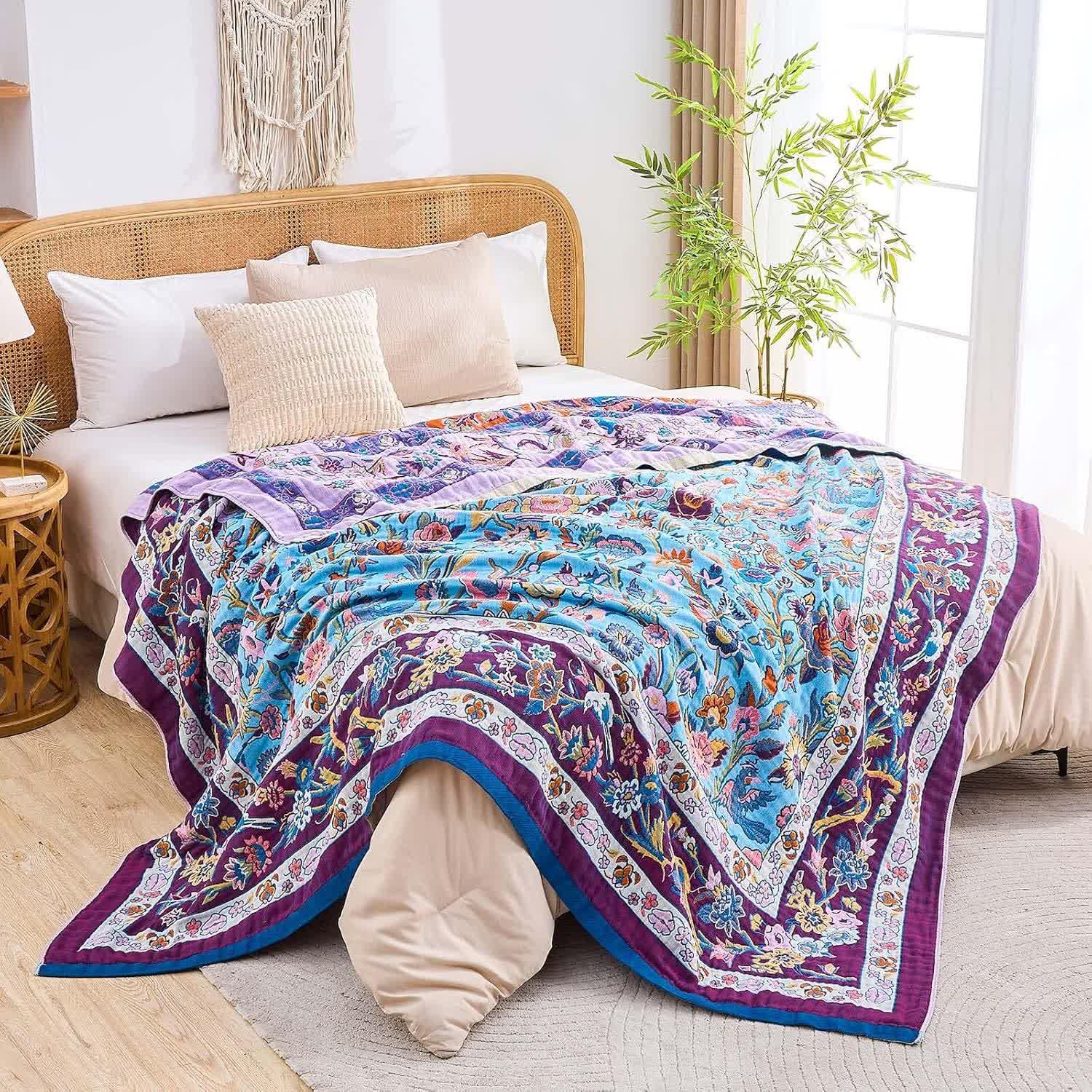 Couette en gaze de coton mousseline avec cadre floral - 200cm x 230cm - image 1
