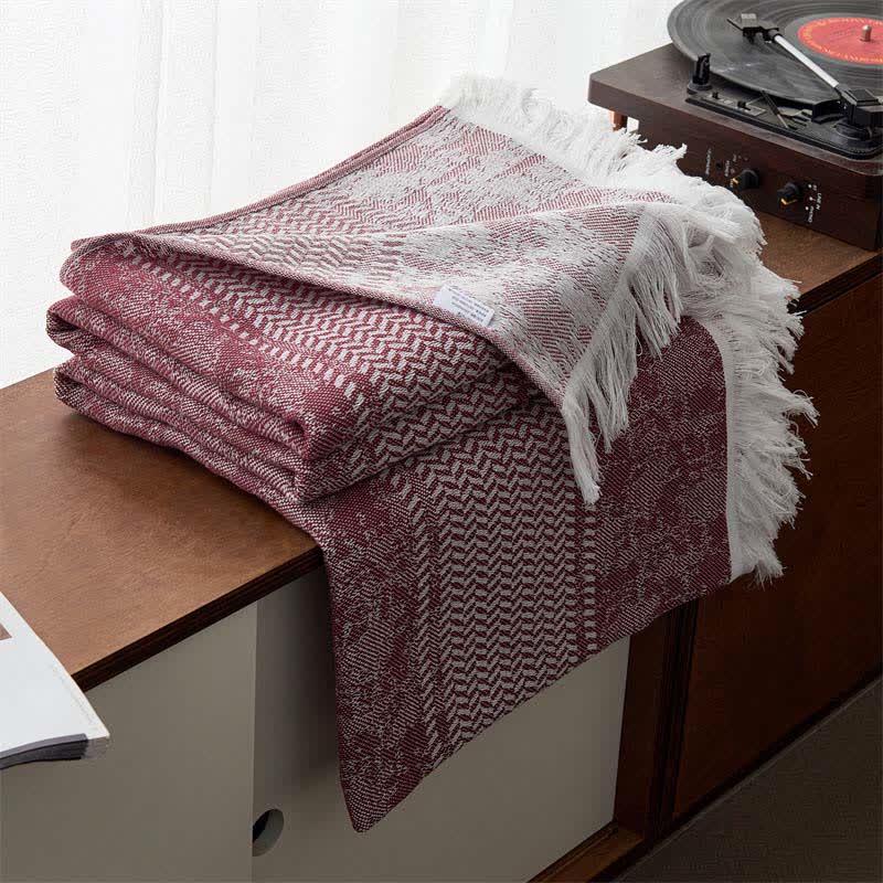 Couette moderne réversible en coton jacquard avec pompons - Vin - 200cm x 230cm - image 2