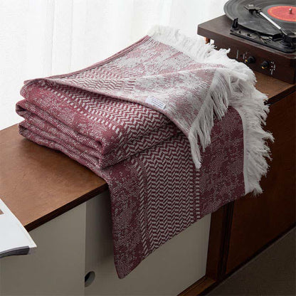 Couette moderne réversible en coton jacquard avec pompons - Vin - 200cm x 230cm - image 2