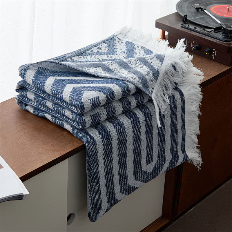 Couette réversible en coton avec pompons et motif à carreaux style jacquard - bleu foncé - 200cm x 230cm - image 5