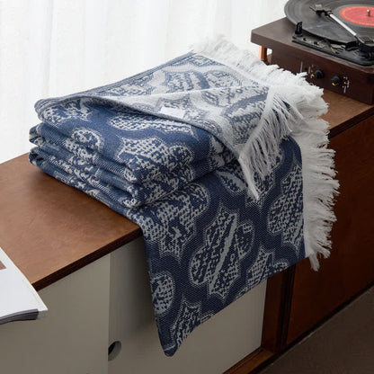 Couette réversible en coton avec pompons à motif rétro - bleu foncé - 200cm x 230cm - image 2