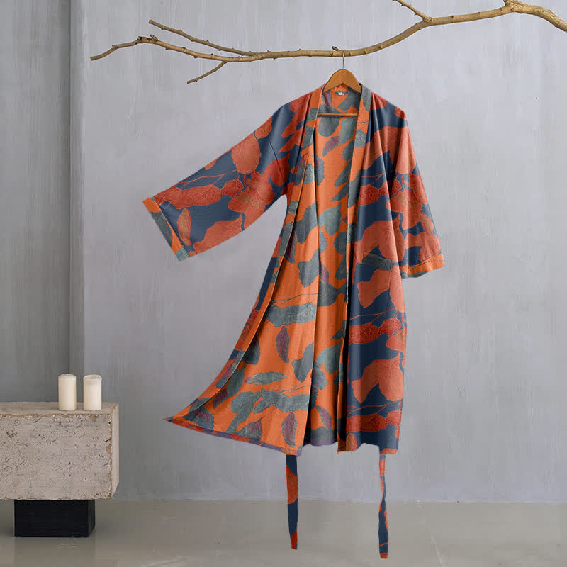 Robe kimono en gaze de coton à motif de feuilles botaniques - Violet - L - image 0