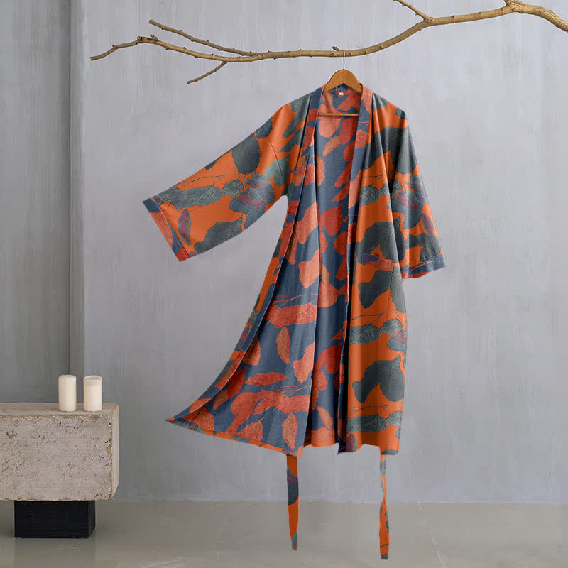 Robe kimono en gaze de coton à motif de feuilles botaniques - Orange - L - image 7