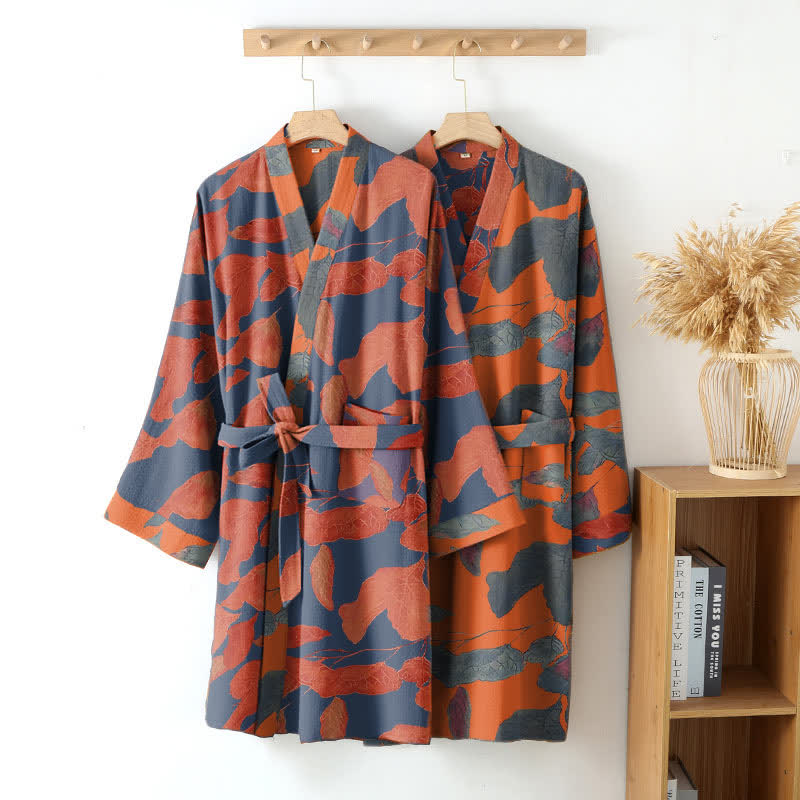 Robe kimono en gaze de coton à motif de feuilles botaniques - image 1