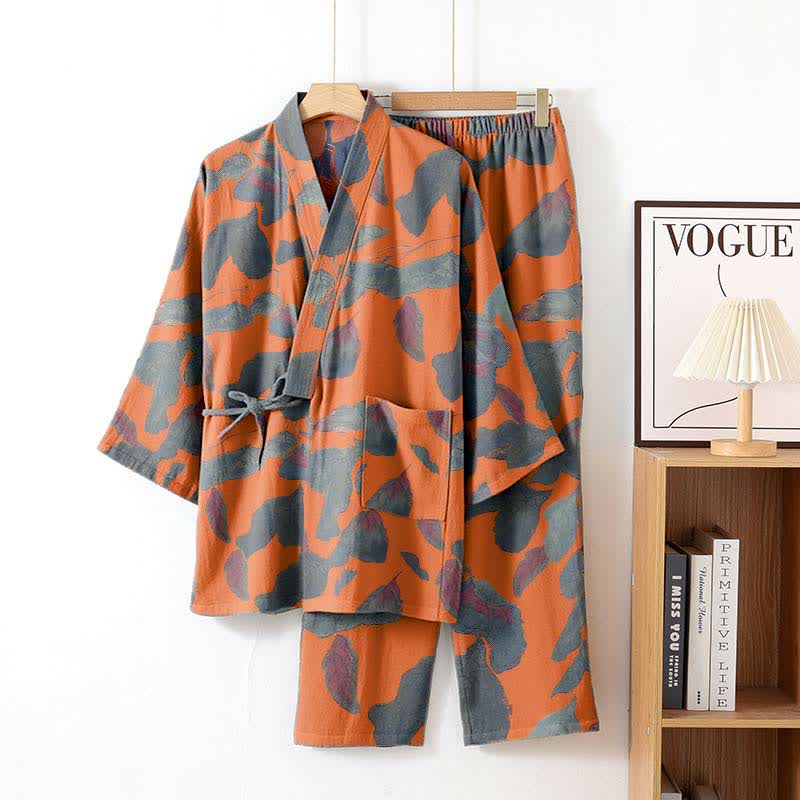 Ensemble de vêtements d'intérieur kimono en coton à imprimé feuilles botaniques - Orange - XL - image 4