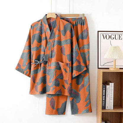 Ensemble de vêtements d'intérieur kimono en coton à imprimé feuilles botaniques - Orange - XL - image 4