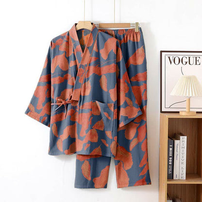Ensemble de vêtements d'intérieur kimono en coton à imprimé feuilles botaniques - Violet - XL - image 1