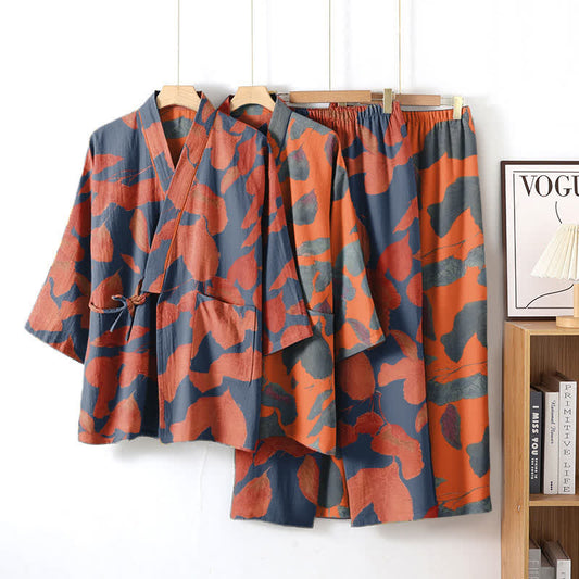 Ensemble de vêtements d'intérieur kimono en coton à imprimé feuilles botaniques - image 0