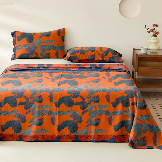 Couvre-lit jacquard en gaze de coton à motifs de feuilles botaniques - Orange - 2 taies d'oreiller - 102 cm x 51 cm - image 1