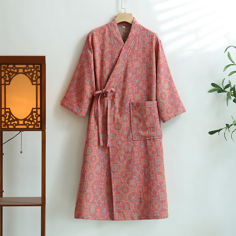 Peignoir en gaze de coton à motif floral vintage et poches - Rose - XL - image 1